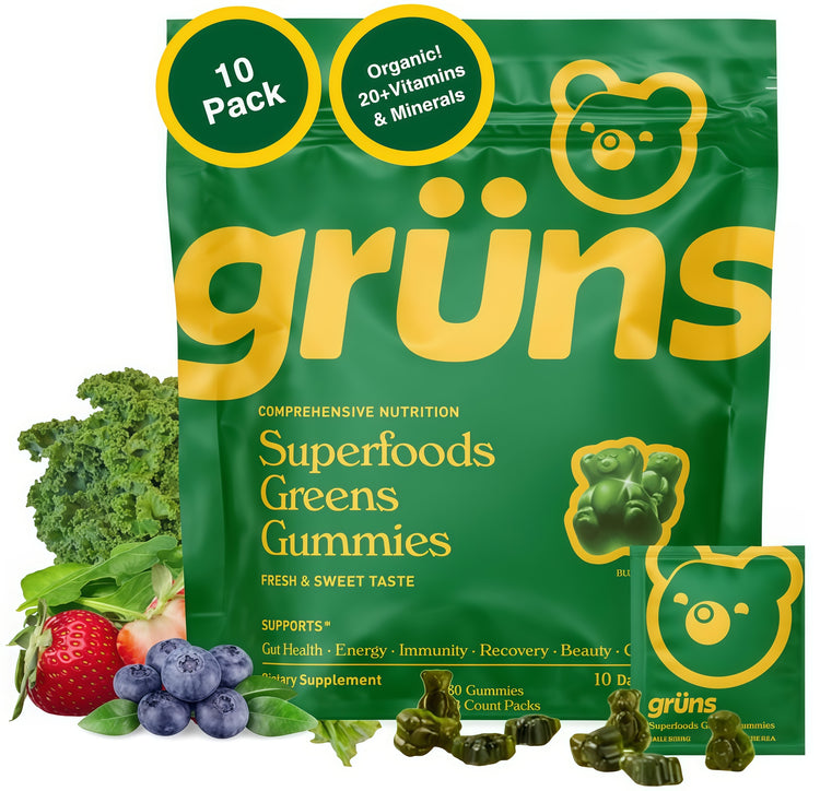 Gruns Sugar-Free Super GreensGummies, Multivitamin SuperfoodGummy Bears, Spirulina, Chlorella,Prebiotics & Fiber gummies forDigestive Health, AdaptogensSupplement, 20 Vitamins & Minerals, 10pack