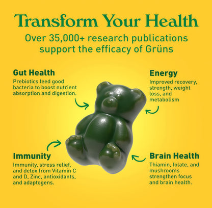 Gruns Sugar-Free Super GreensGummies, Multivitamin SuperfoodGummy Bears, Spirulina, Chlorella,Prebiotics & Fiber gummies forDigestive Health, AdaptogensSupplement, 20 Vitamins & Minerals, 10pack